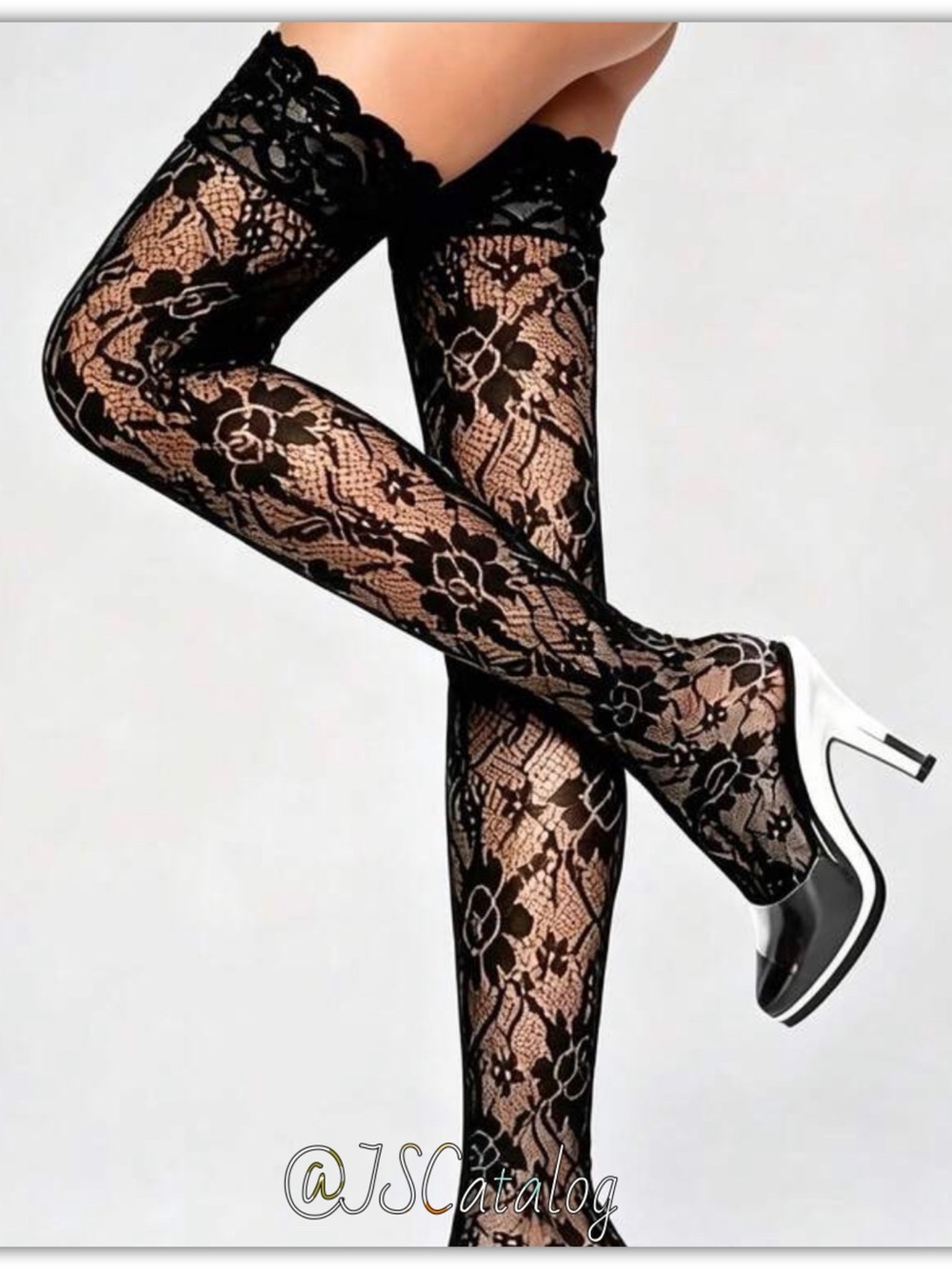 JSCatalog Black Floral Lace Thigh-High Stockings